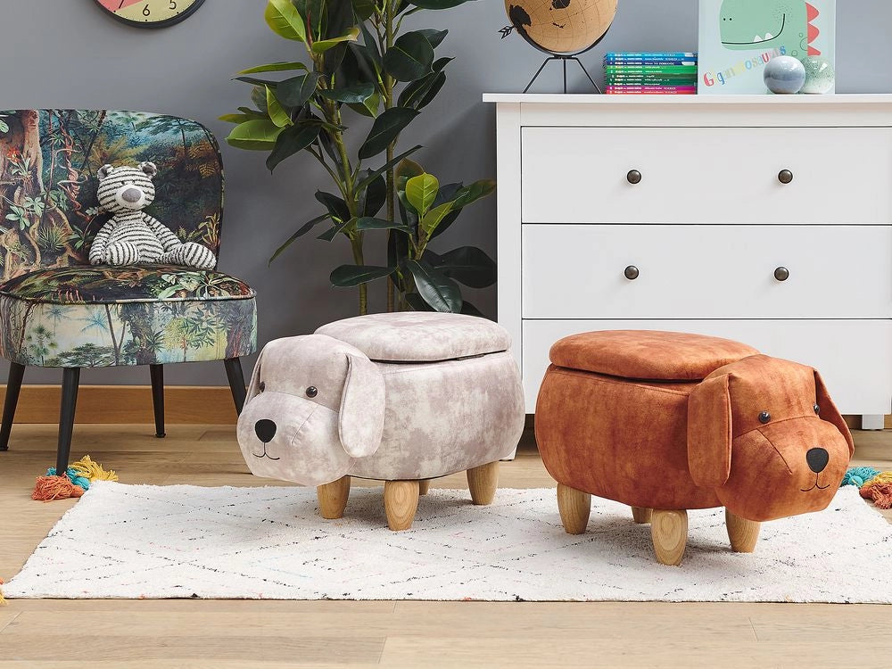 Pouf animaletto Sgabello per bambini Poggiapiedi in velluto beige con gambe in legno portaoggetti Seggiolino per bambini