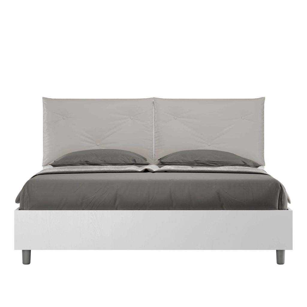 BS COM Letto matrimoniale senza rete 160x200 bianco frassino cuscini similpelle tortora