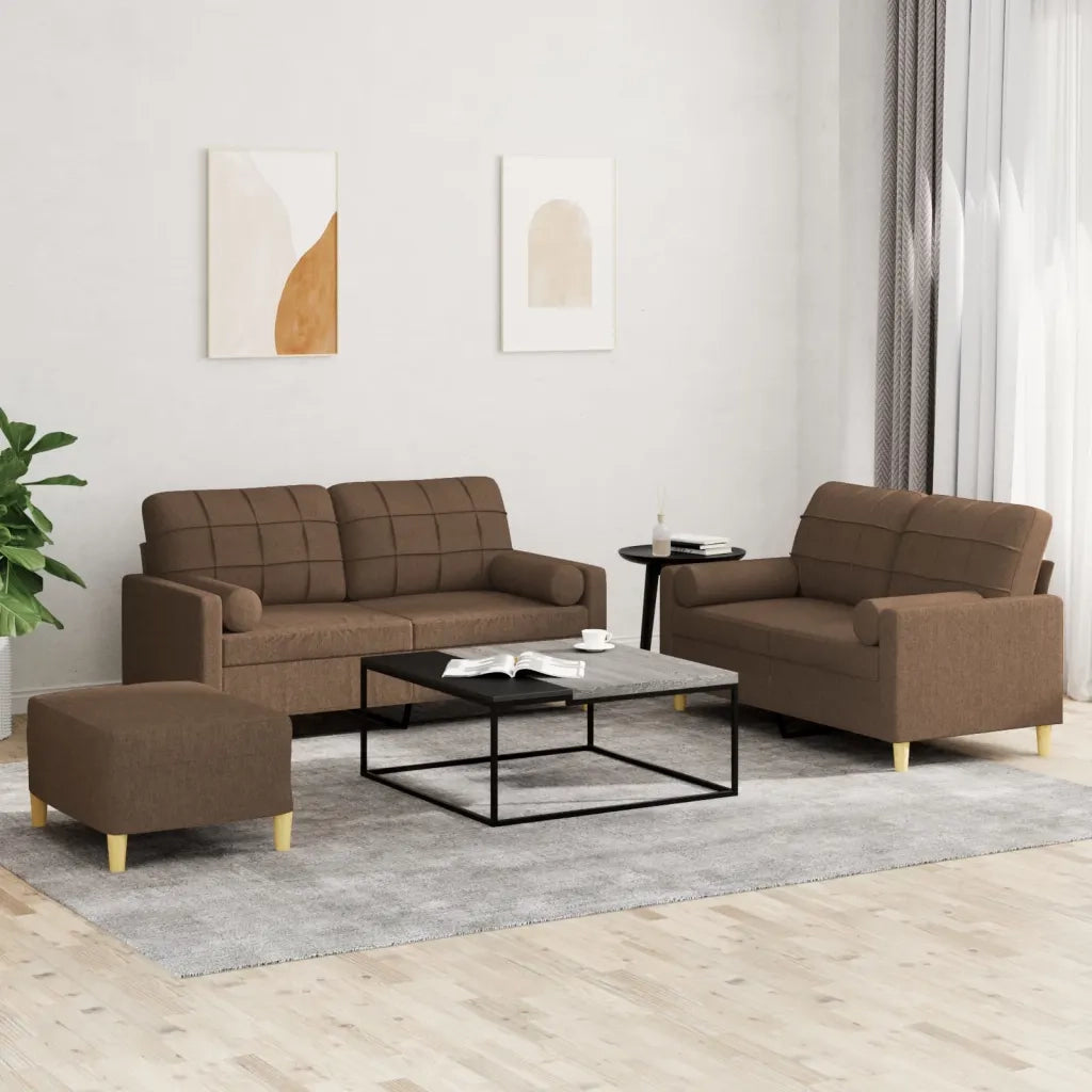 Set di Divani 3 pz con Cuscini Marrone in Tessuto