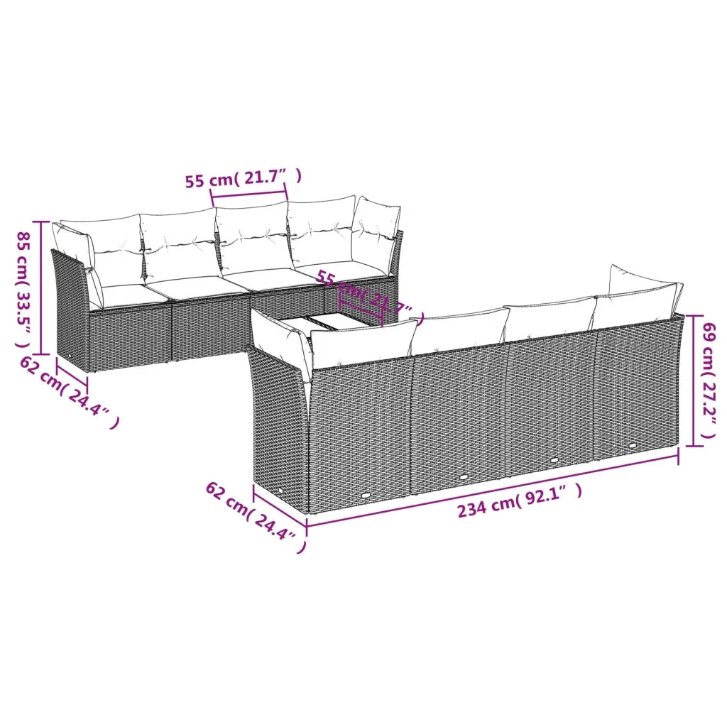 Set Divano da Giardino 9 pz con Cuscini Grigio in Polyrattan 3217310
