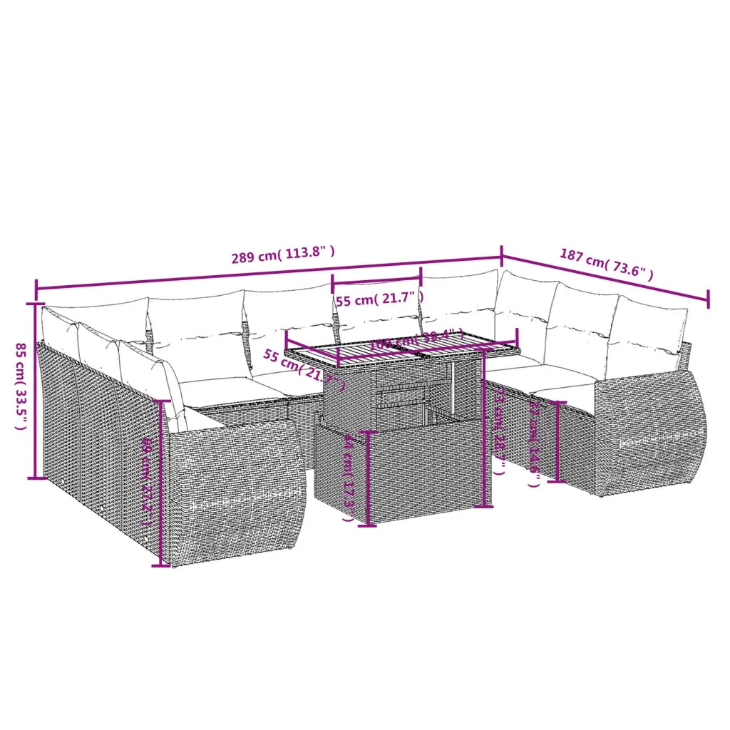 Set Divano da Giardino 10 pz con Cuscini Beige in Polyrattan