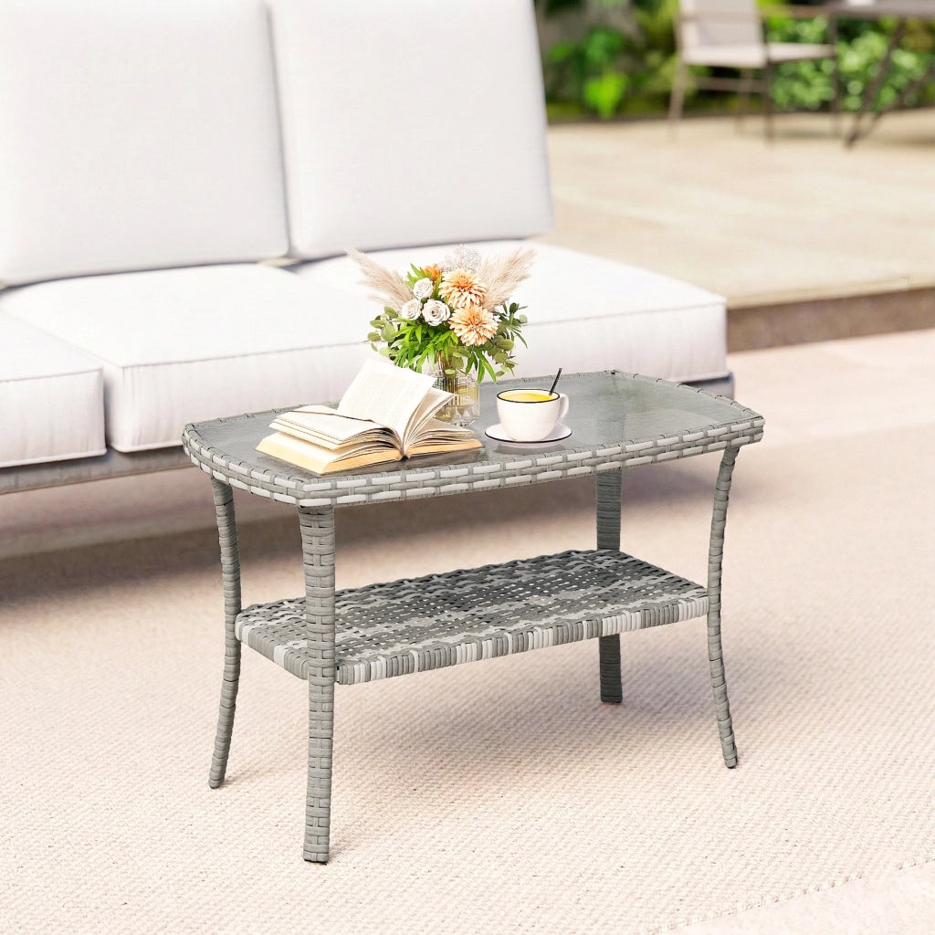 Tavolo da Giardino in Rattan con Piano in Vetro Temperato ¨C zephmum ¨C 90x50x45 cm Grigio Scuro