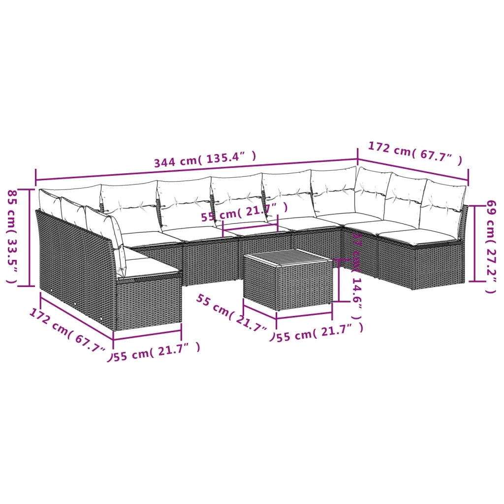 Set Divano da Giardino 11 pz con Cuscini Beige Misto Polyrattan 3256129