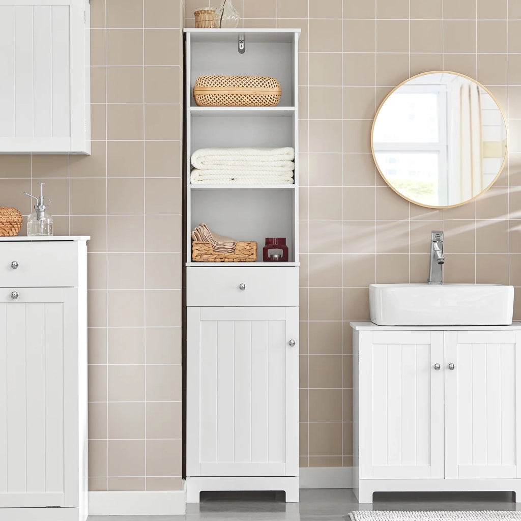 Mobile Alto Colonna Bagno salvasapzio con cassetto e armadietto L40*P35*A161cm Bianco BZR17-W