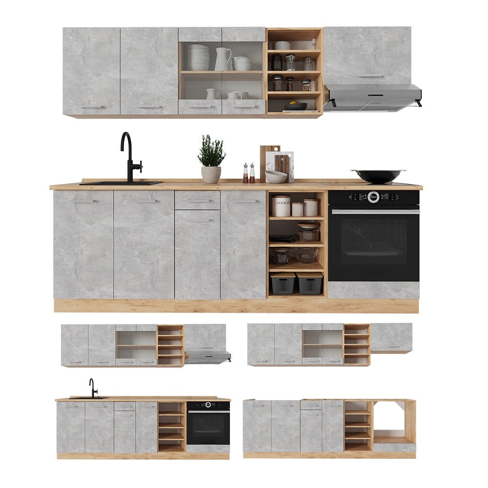 Cucina componibile R-Line Calcestruzzo/Rovere dorato 240 cm, PL Marmo Vicco