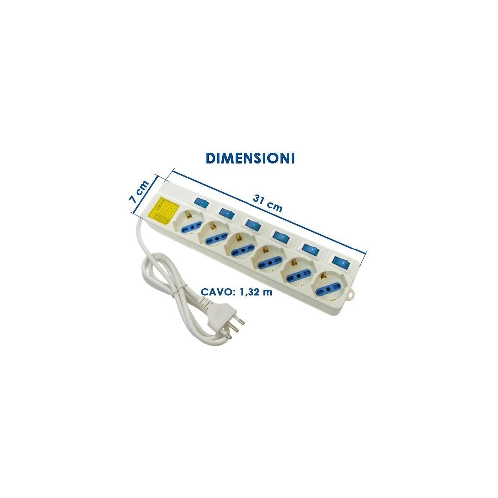 Trade Shop - Multipresa 6 Posti Schuko Bipass 10-16a Con 7 Interruttori Protezione Bambini -