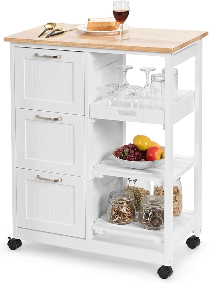 Carrello da Cucina con Ruote, Credenza Cucina con 4 Ripiani e 3 Cassetti, in Legno, Ideale per Cucina Ristorante e Bar, 67 x 37 x 83,5 cm (Bianco)