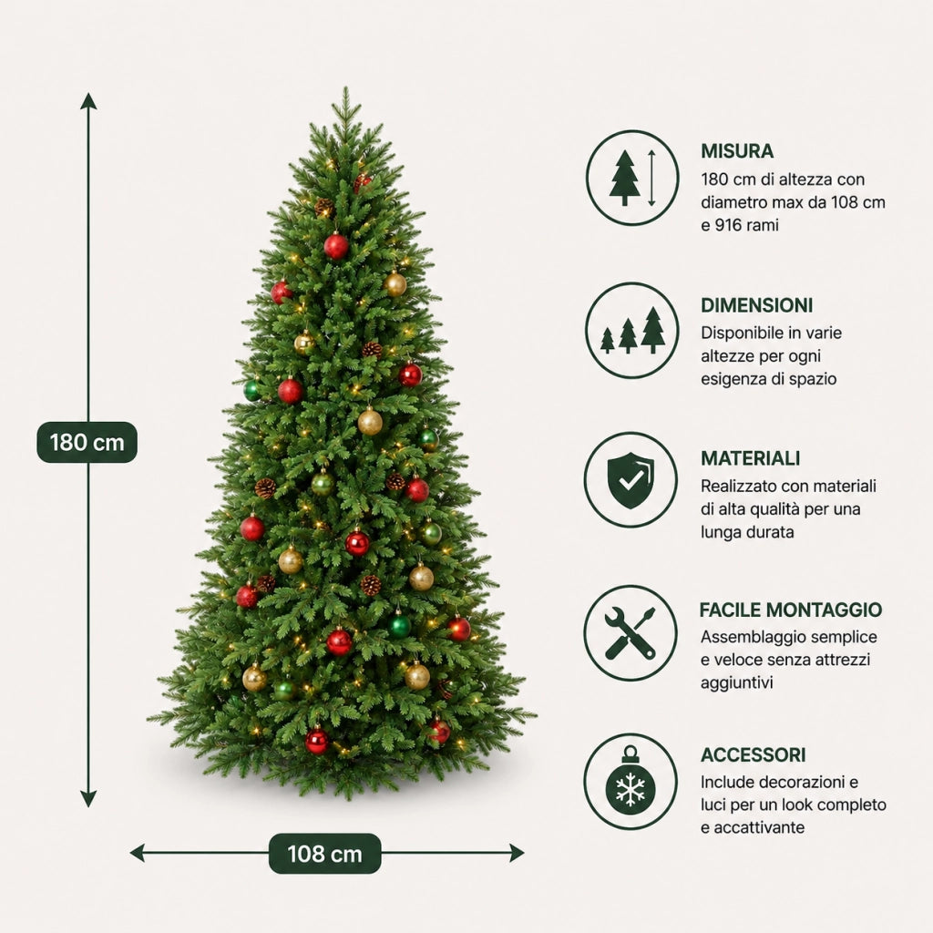 Albero di natale montano 180 cm artificiale folto ad alto fusto fortunato