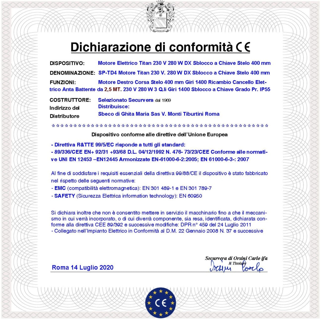 Motore Destro Titan 230 V 50 Hz Ricambio Cancello 2,5 MT Corsa Stelo di 400 mm Sblocco Emergenza a Chiave Dotato di staffe e bulloni Potenza 280 W IP55 Corpo In Alluminio Pressofuso Protezione 135°