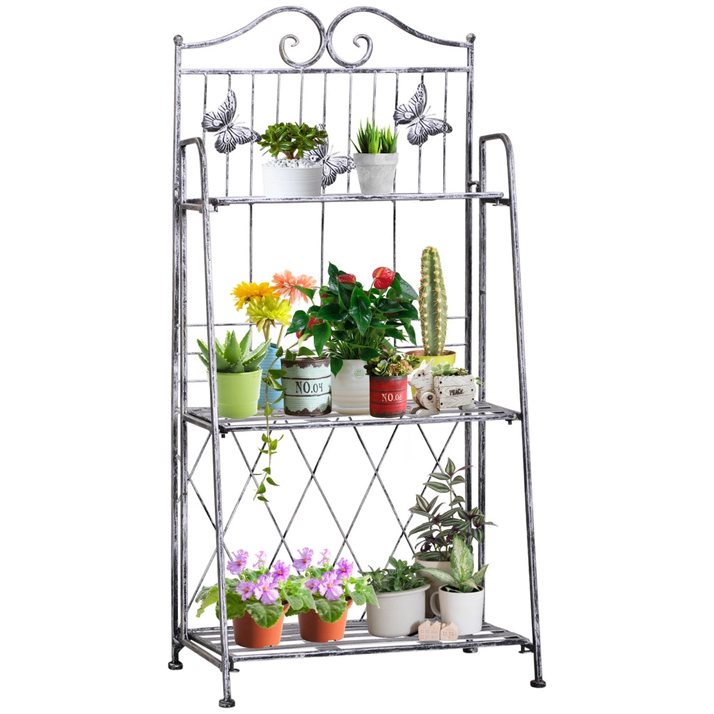 Scaffale portafiori a 3 ripiani in metallo grigio argento, fioriera pieghevole e resistente per balcone, giardino e terrazzo