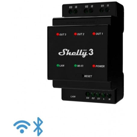 Shelly PRO 3. Relè WiFi. LAN Bluetooth. 3 Canali. guida DIN. controllo apparecchi ad  uso residenziale e commerciale
