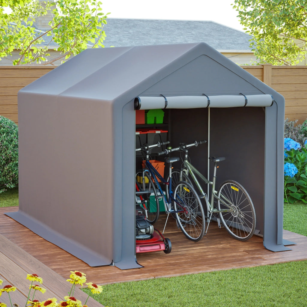 Ricovero per biciclette con porta avvolgibile in acciaio zincato e telo PE grigio scuro 296 × 190 × 200 cm