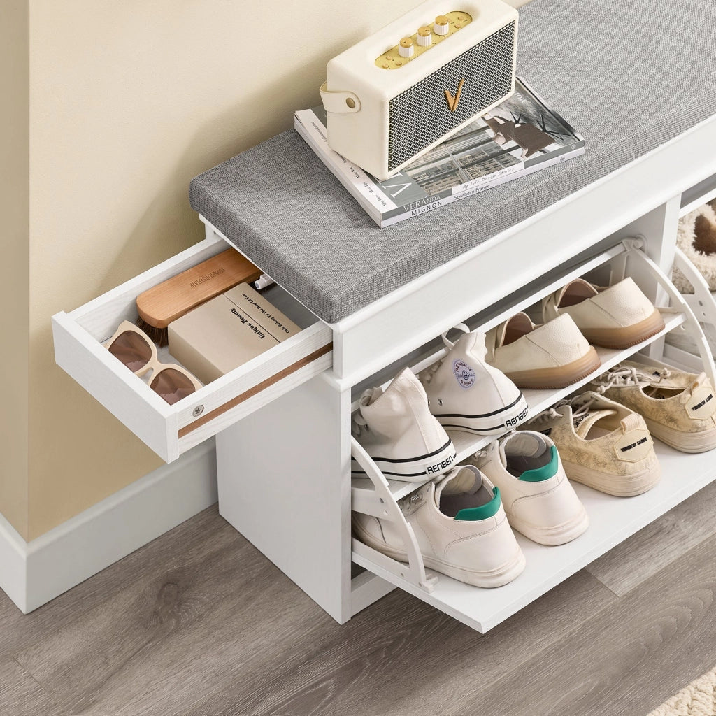SoBuy FSR64-WG Scarpiera Salvaspazio Slim da Ingresso Panca Contenitore con Cuscino, Cassapanca Scarpiera Regolabile per Camera, Corridoio, 104x24x51cm, Effetto Legno Invecchiato Bianco