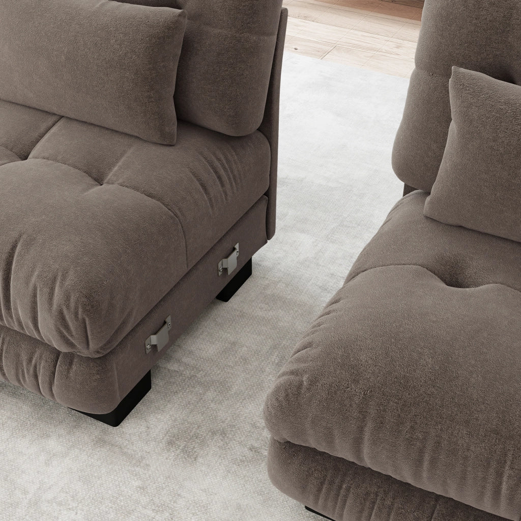 Divano Angolare in Velluto ¨C MINIMAL ¨C Marrone, con Cuscini e Poggiapiedi