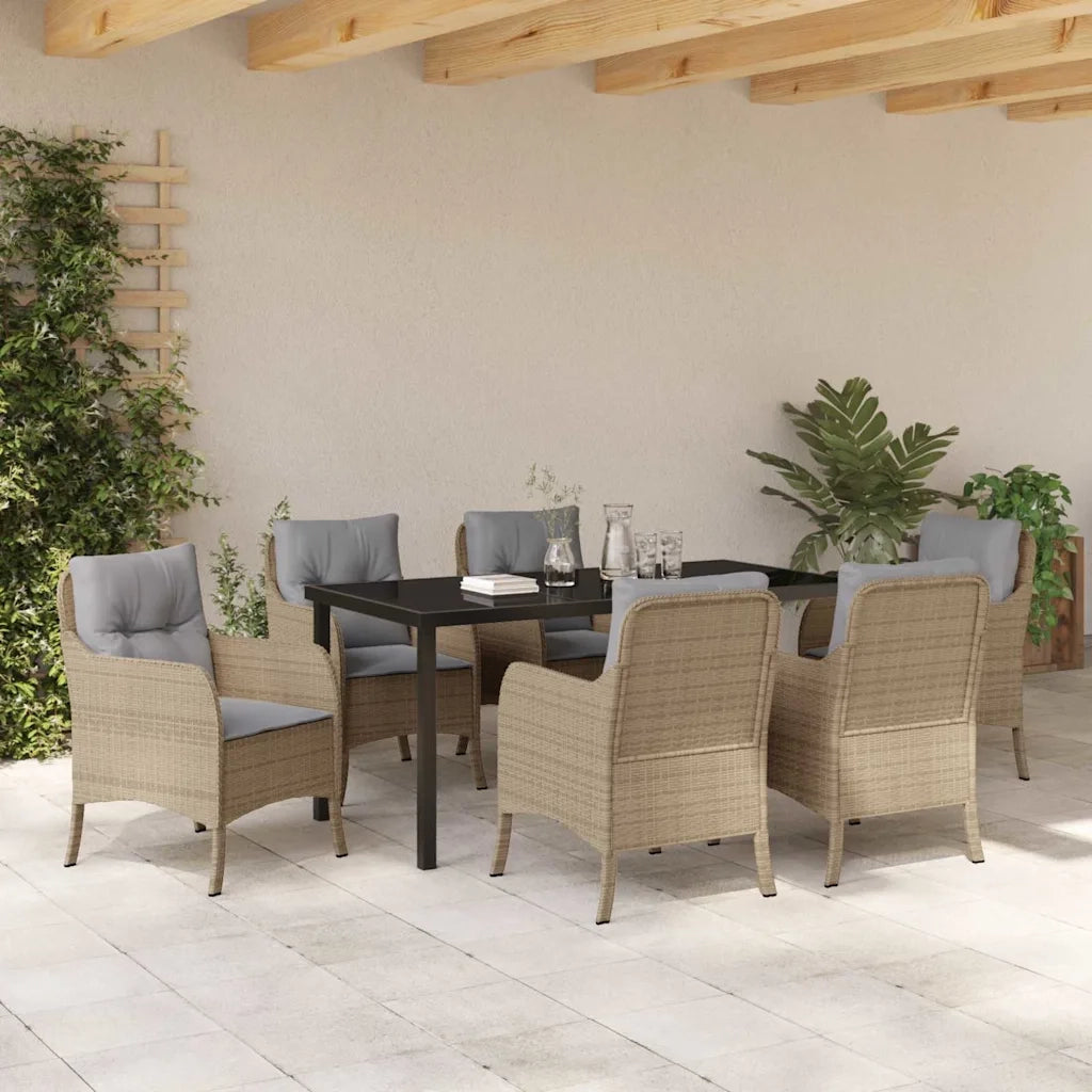 Set da Pranzo per Giardino con cuscino 7 pcs Beige polyrattan
