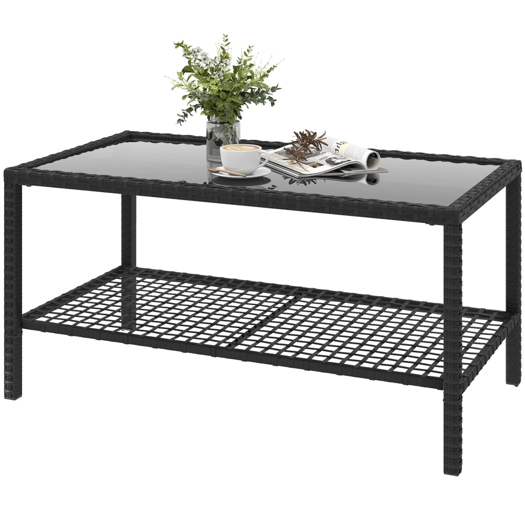 Tavolino da giardino in rattan con piano in vetro e struttura in acciaio ¨C Minimal ¨C Nero 92x50x45 cm