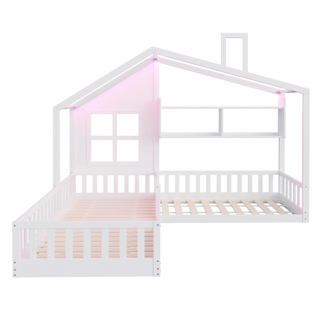 Letto a pavimento per bambini a forma di casetta con LED, ripiani e sponde