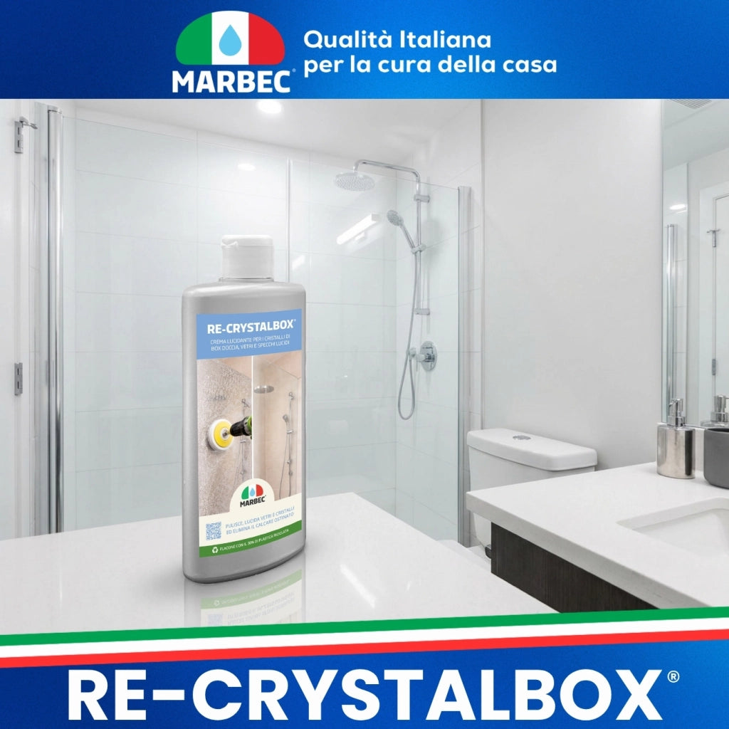 Crema lucidante vetro doccia, rimuove calcare e ripristina brillantezza Marbec RE-CRYSTALBOX® 250GR
