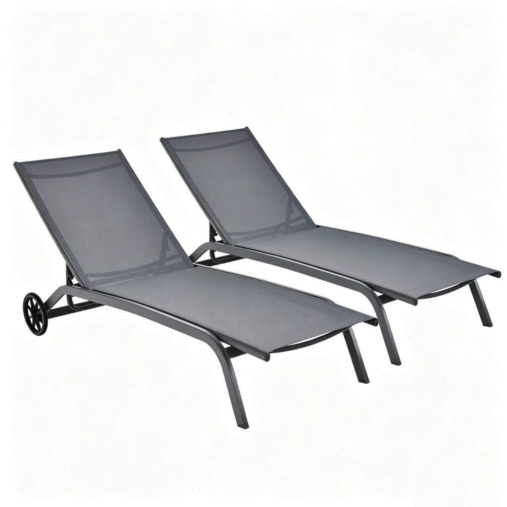 2*Chaise longue regolabile per cortile con ruote, Sedia a sdraio reclinabile in 6 posizioni da esterno Grigio