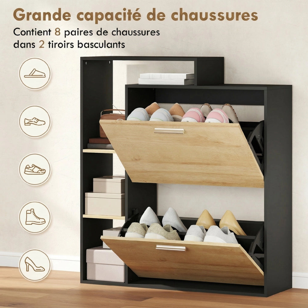 Scarpiera 8 paia con 2 cassetti e 3 scomparti aperti ¨C Minimal ¨C nero