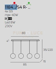 SOSPENSIONE OTTONE SAT. 4 LUCI RETTANGOLARE VETRI TRASPARENTE 1184OS-S4 R-TR