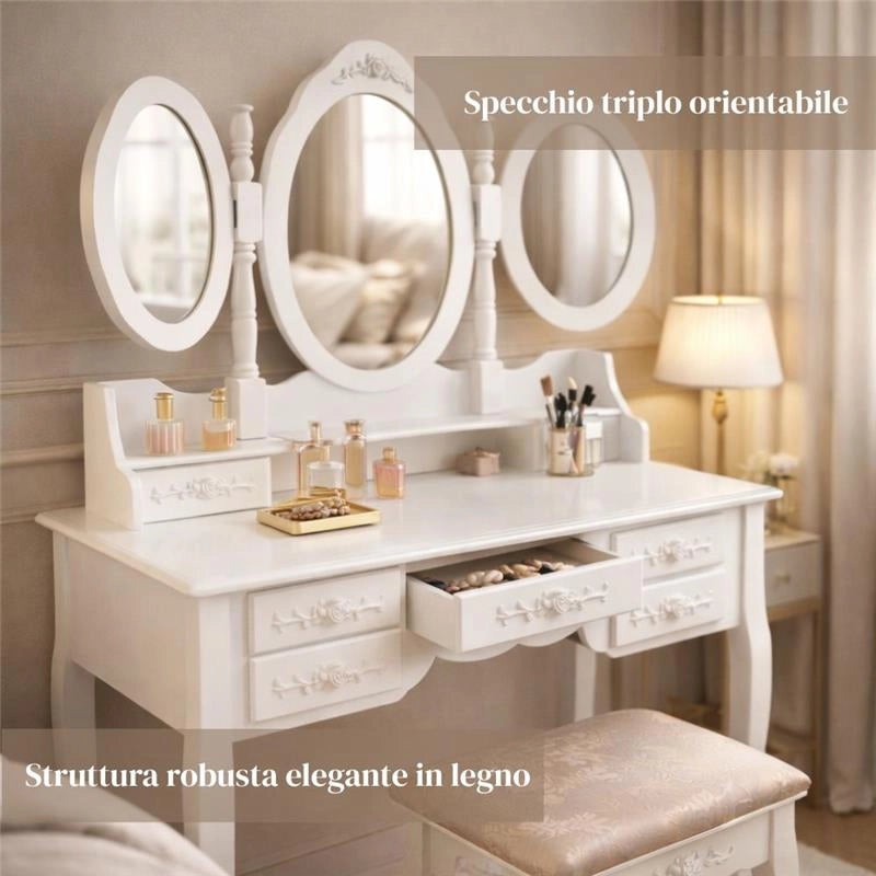 MA MAISON TOELETTA BIANCA IN LEGNO 90X40X146 CM, CONSOLLE TRUCCO CON 3 SPECCHI E SGABELLO, POSTAZIONE MAKE UP PER CAMERA DA LETTO