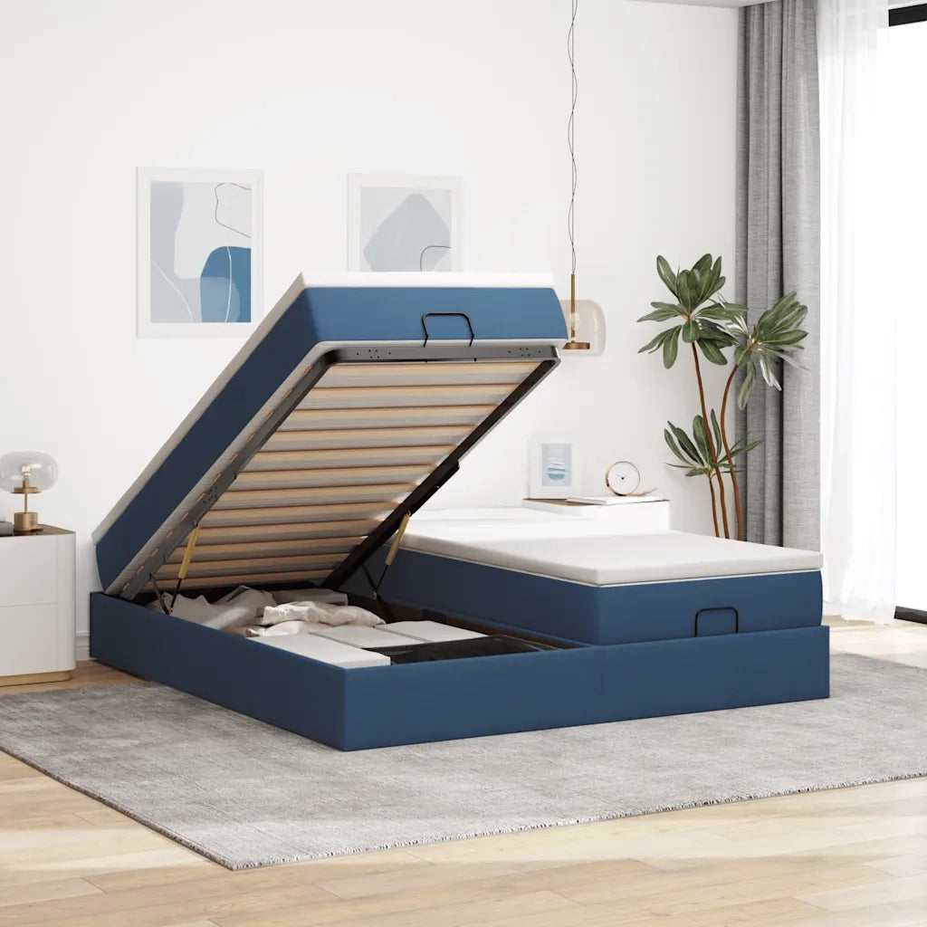 Struttura Letto Pouf con Materassi Blu 200x200 cm in Tessuto