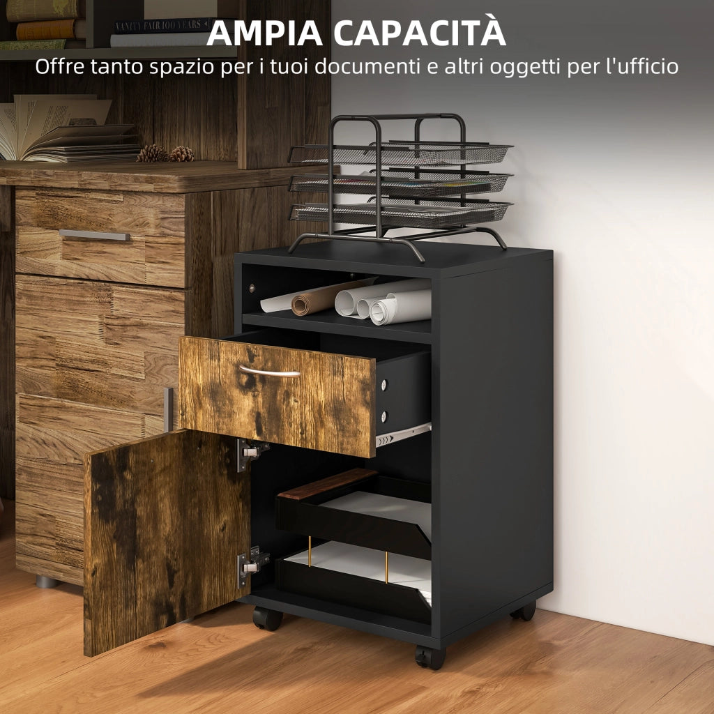 Cassettiera con Cassetto e Ripiano ¨C Minimal ¨C Marrone e Nero 40x35x60cm