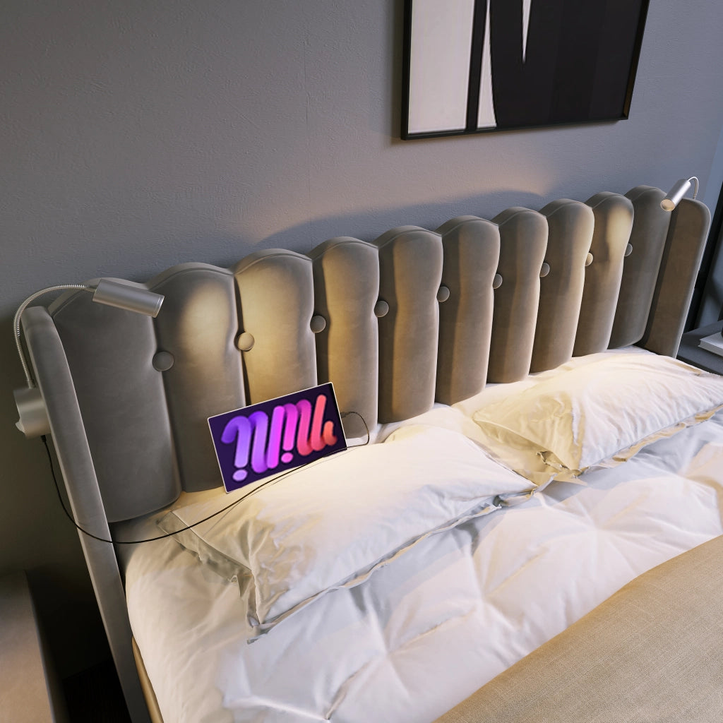 Letto matrimoniale – 160x200 cm – luce USB contenitore – velluto grigio