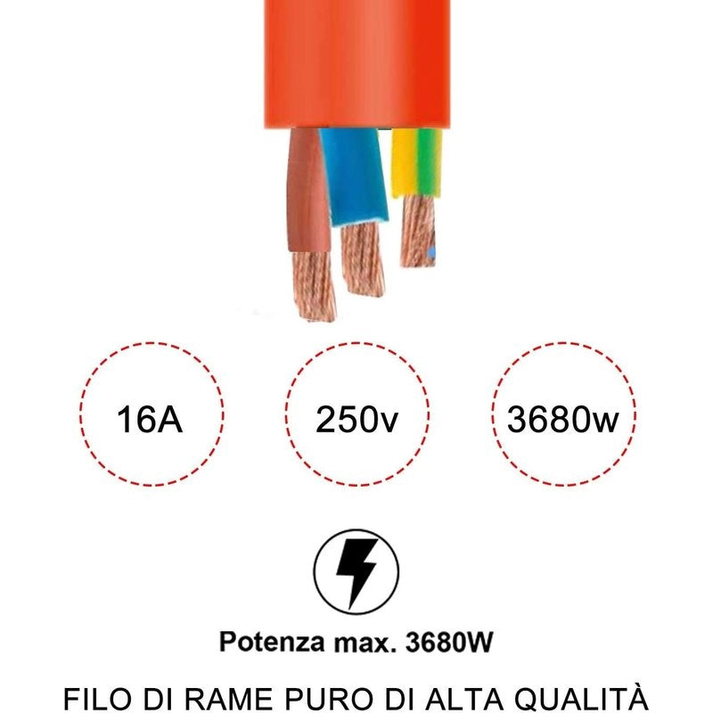 Prolunga Elettrica Lineare Colore Arancione 15M 3X1.5mm Spina Italiana 16A Presa Bipasso Schuko 10/16A Max 3500W