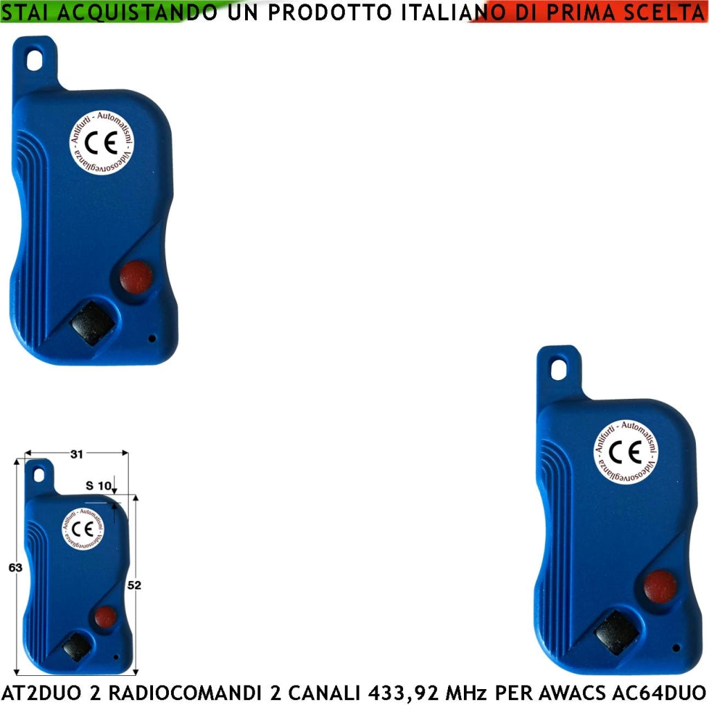 Telecomando AT2 duo 2 Pezzi Radiofrequenza 433,92 MHz 2 Pulsanti Nero e Rosso Codici Univoci Comando e Gestione Centrale Allarme Awacs AC64 duo e AC64 plus