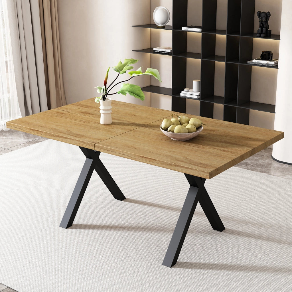Tavolo da Pranzo Rettangolare ¨C MINIMAL ¨C Piano Rovere/Nero, Gambe Incrociate in Metallo, 140x80x76 cm