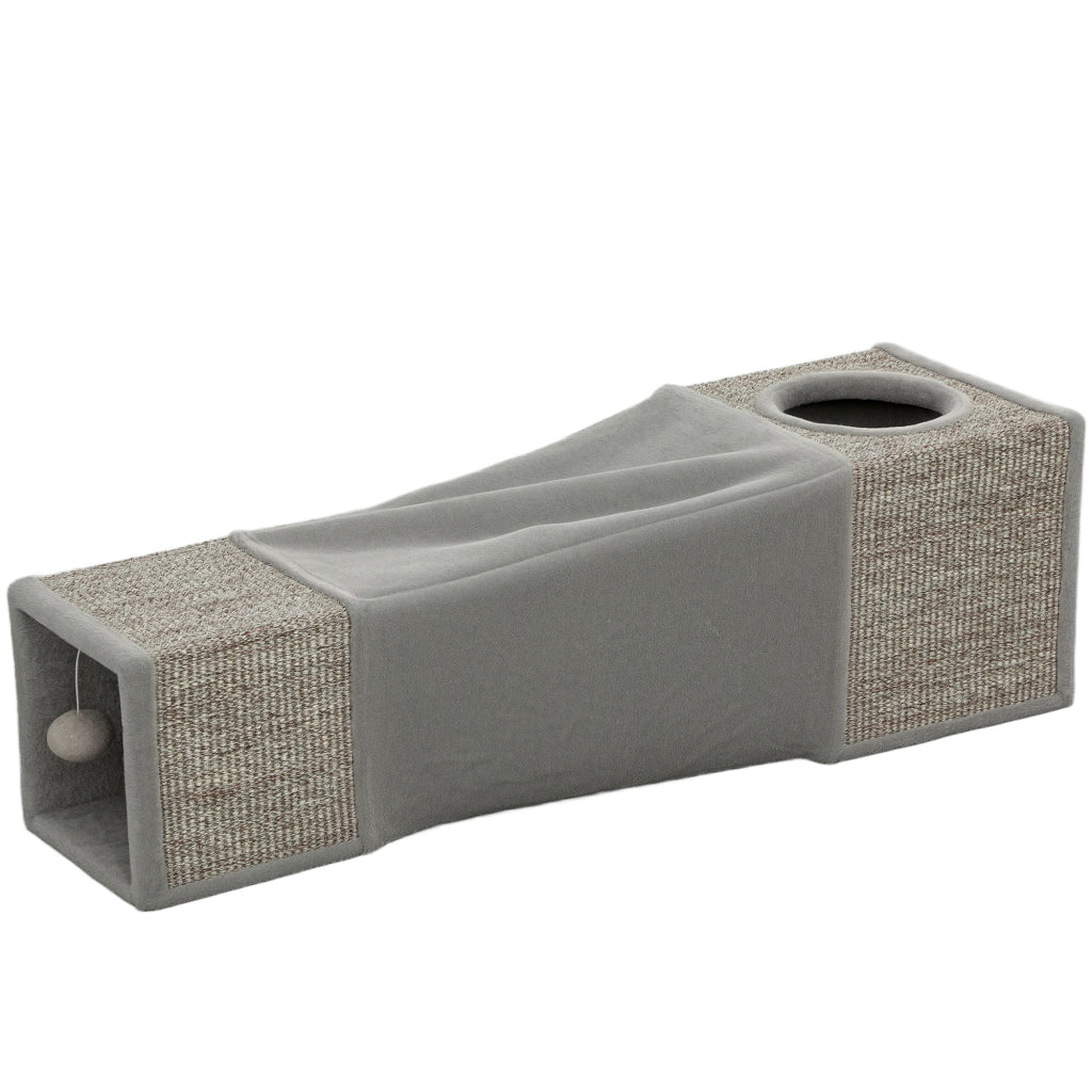 Tunnel Gioco per Gatti - Xylo - con Palla Sospesa e Sisal 98x30x30cm Grigio