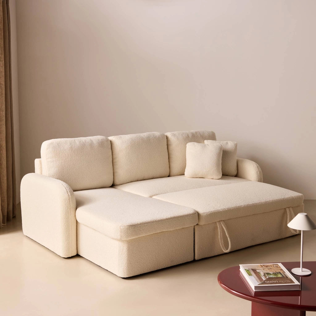 Divano letto angolare reversibile in bouclé con contenitore, 3 posti,