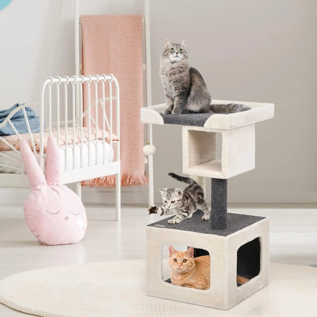 Tiragraffi per Gatti Piccoli, Tiragraffi Gatto con Cuccia, Piattaforme, Pallina e Tiragraffi in Sisal, Albero Tiragraffi in Legno da Divano, Salotto e Camera da Letto, 42 x 42 x 80 cm