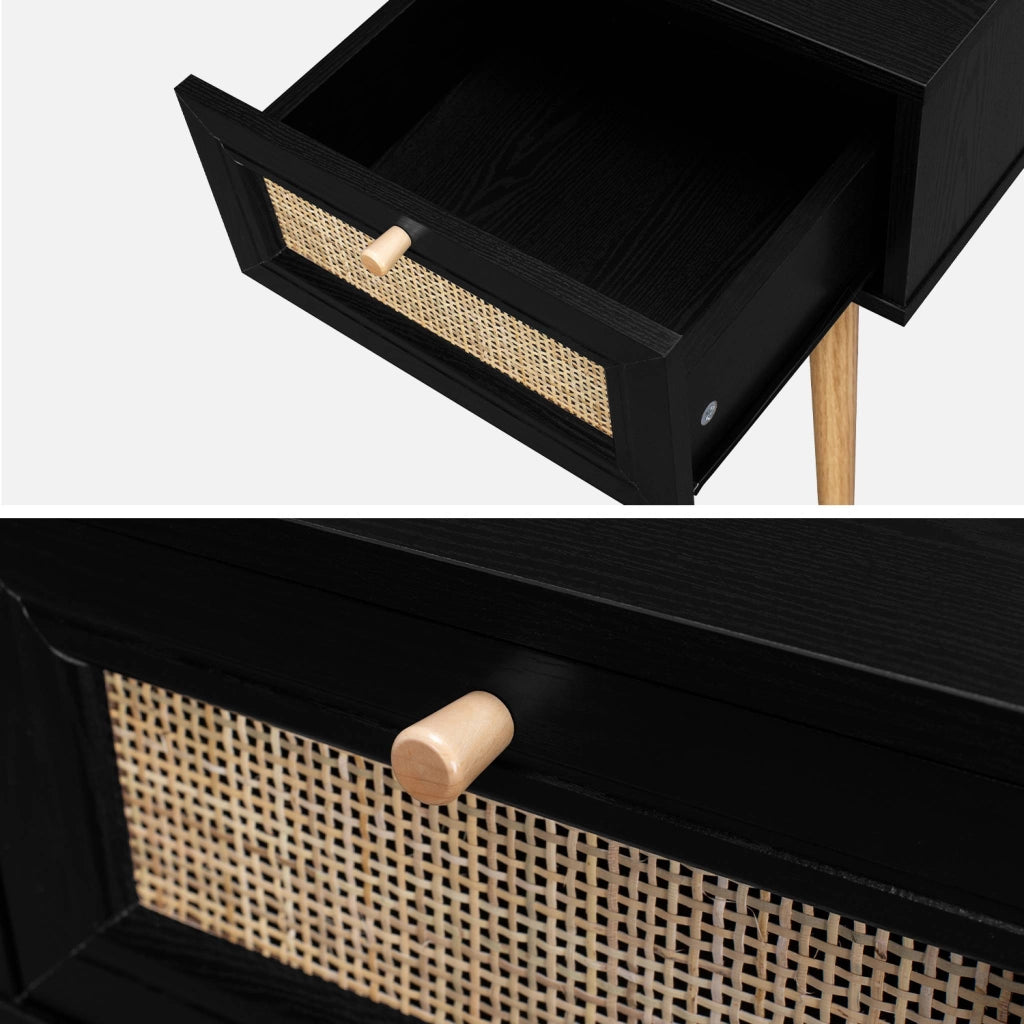 Set 2 comodini effetto legno e cannage, nero