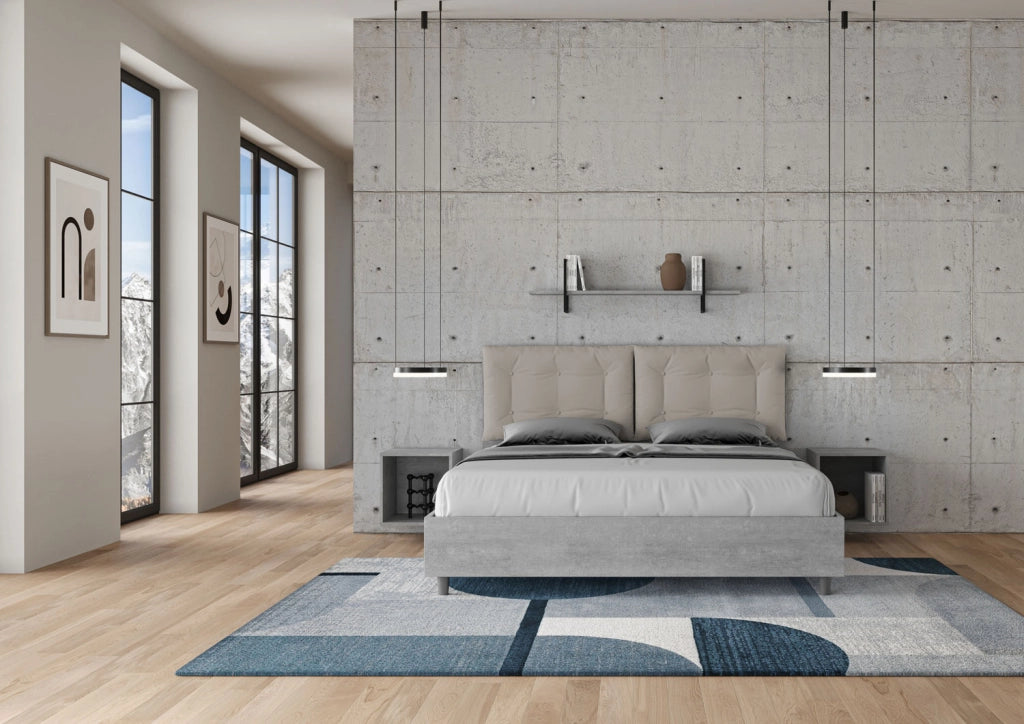 BS COM Letto matrimoniale contenitore 160x190 cemento cuscini similpelle tortora