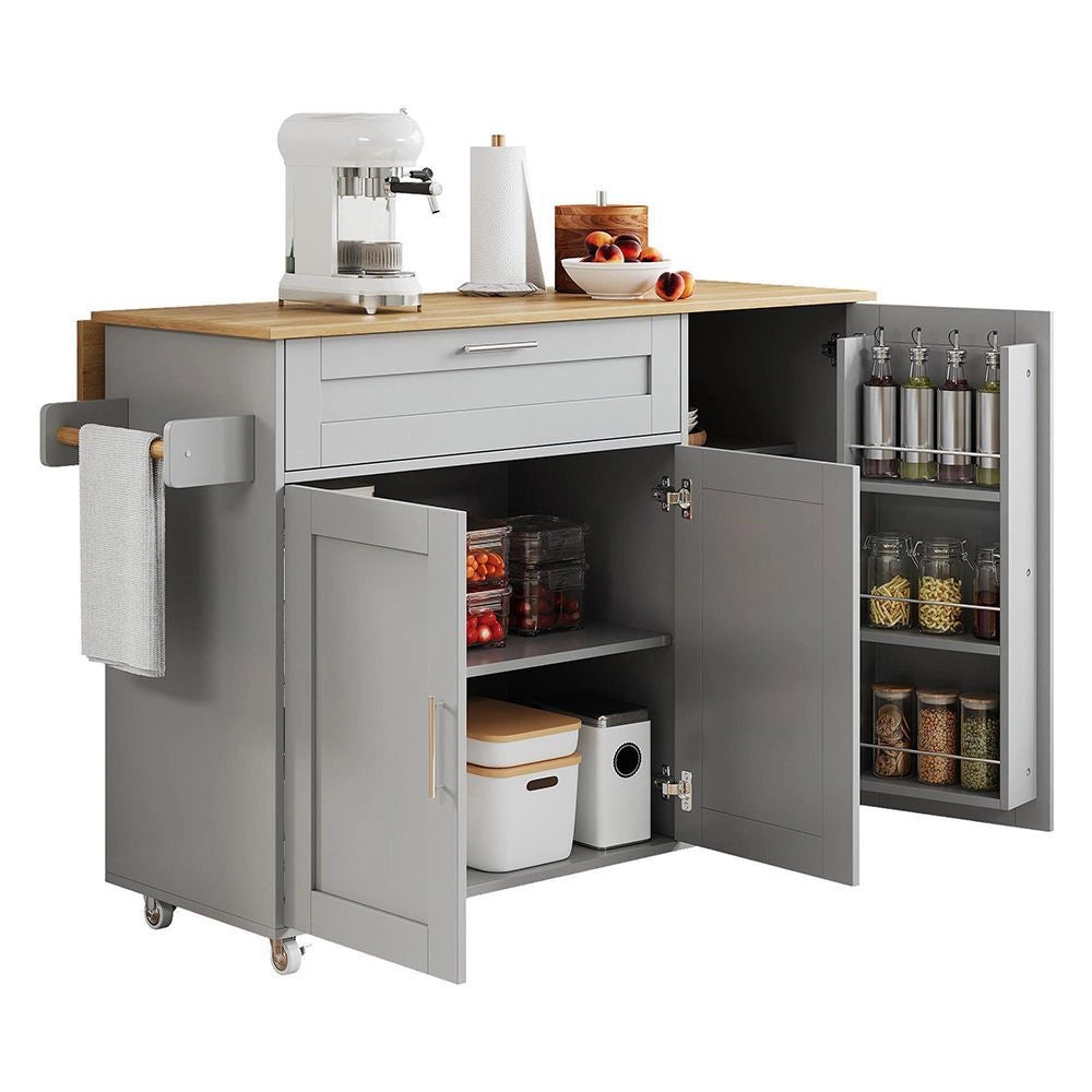 Tavolo da cucina mobile con piano ribaltabile - Xylo - 132,5x44x90 cm - Venatura quercia - Multifunzionale con scaffale spezie, porta asciugamani, 5 ruote