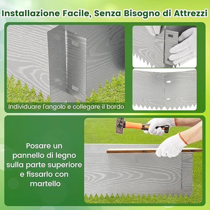 Bordatura da Giardino 6 M, Set di 6 Bordi per Aiuola 110 x 22 cm in Metallo Zincato con Paio di Guanti, Recinzione Flessibile per Prato, Cortile e Giardino