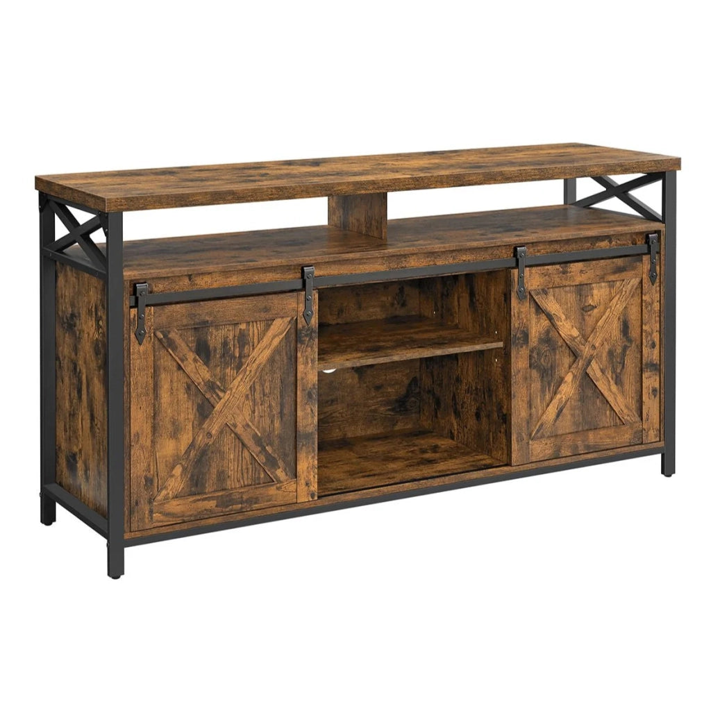 Mobile porta TV per TV fino a 65 pollici con ripiani regolabili 40 x 147 x 76 cm ante in stile fienile rustico struttura in metallo marrone e nero rustico 12_0006574