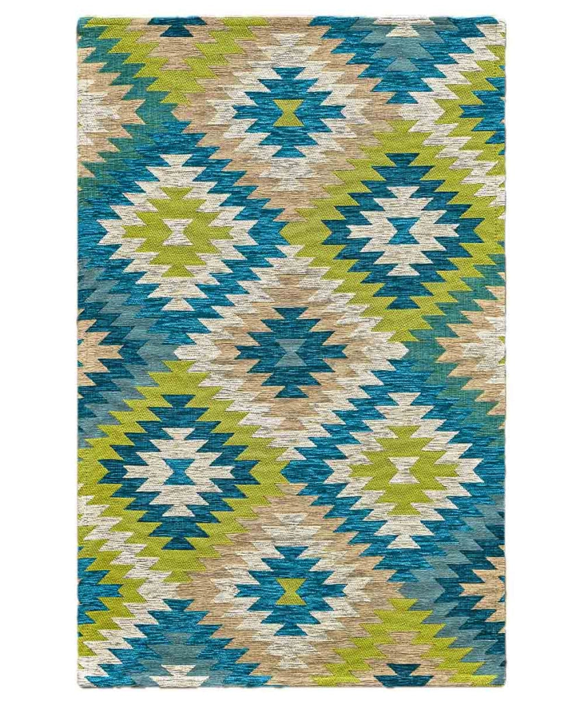 Tappeto moderno AVANA VERDE BLU geometrico etnico kilim, Tappeto arredo soggiorno salotto camera lavabile anti-scivolo cm.175x240