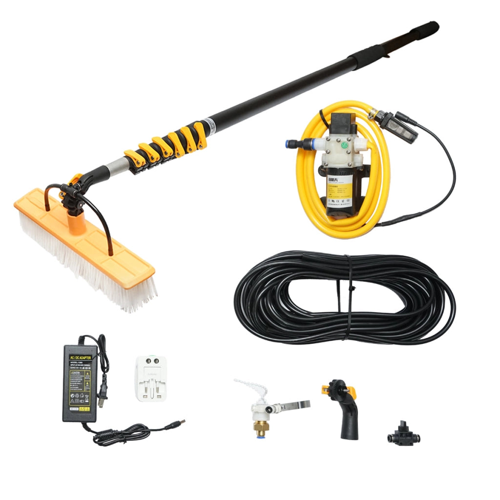 Sistema di pulizia con pompa 12-24-220V e braccio spazzola telescopico max 8,5M per pannelli solari fotovoltaici