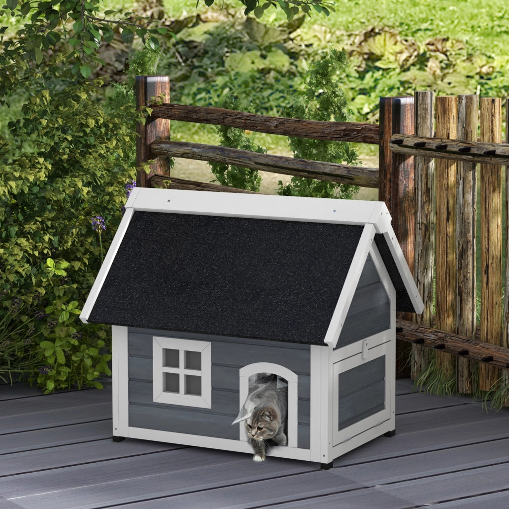 Casetta per Gatti in Legno ¨C Xylo ¨C Tetto Apribile 3 Porte Finestra Esterno 77x57,5x68cm Grigio Nero