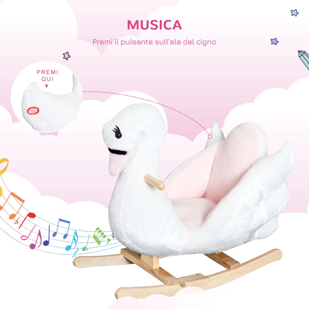 Cavallo a Dondolo Cigno con Musica ¨C Xylo ¨C Metallo Legno Peluche Bianco 60x32x55cm