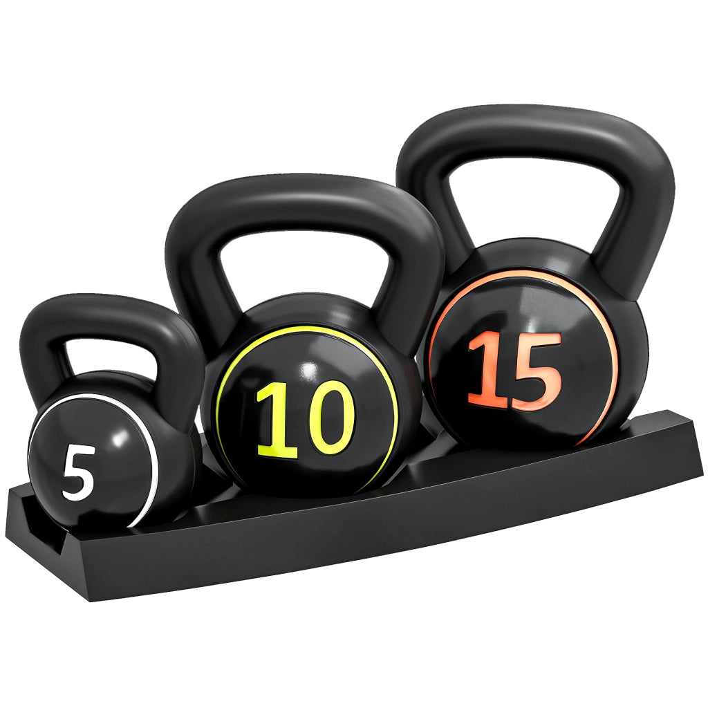 Set 3 Kettlebell da 2.2 kg. 4.5 kg e 6.8 kg con Base Piatta e Portapesi. in Plastica e Sabbia. Nero