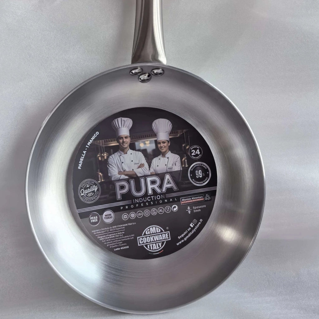 Padella Ø 26 cm in Alluminio Puro 99% - Linea Pura Induzione - Senza Rivestimento Antiaderente PFAS Free - Idonea al Forno - 3 mm - GMD Italy