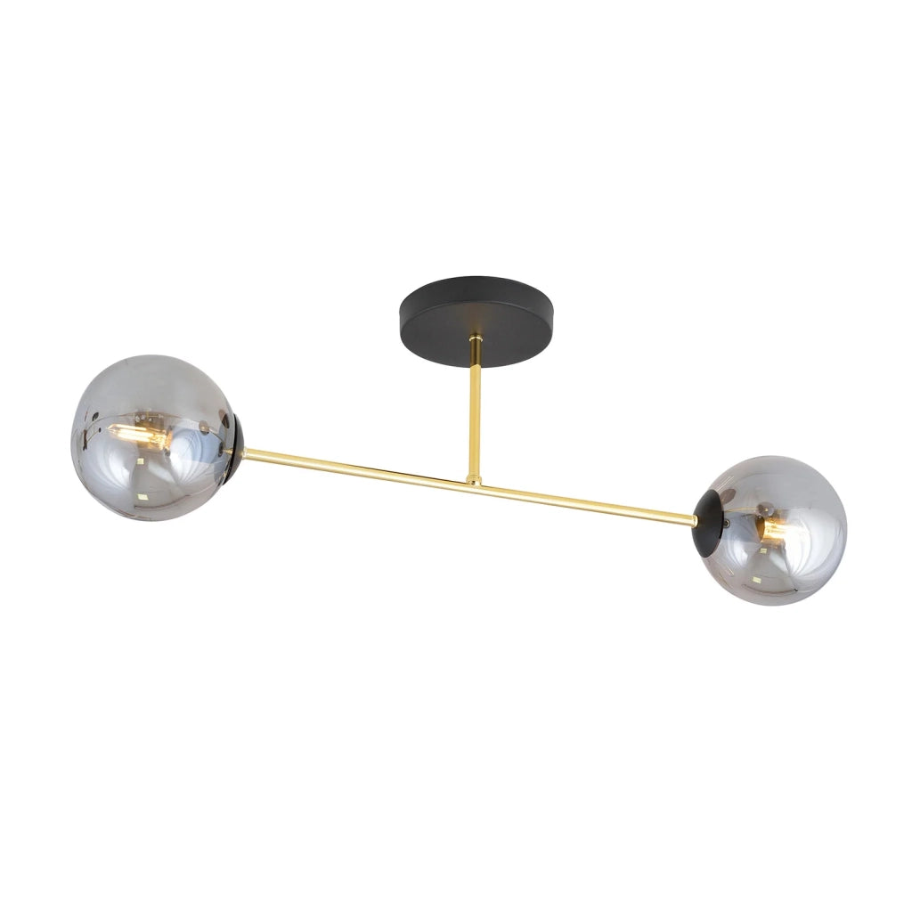 Plafoniera Moderna Magnium 2 Luci In Acciao Oro E Sfere In Vetro Fumè