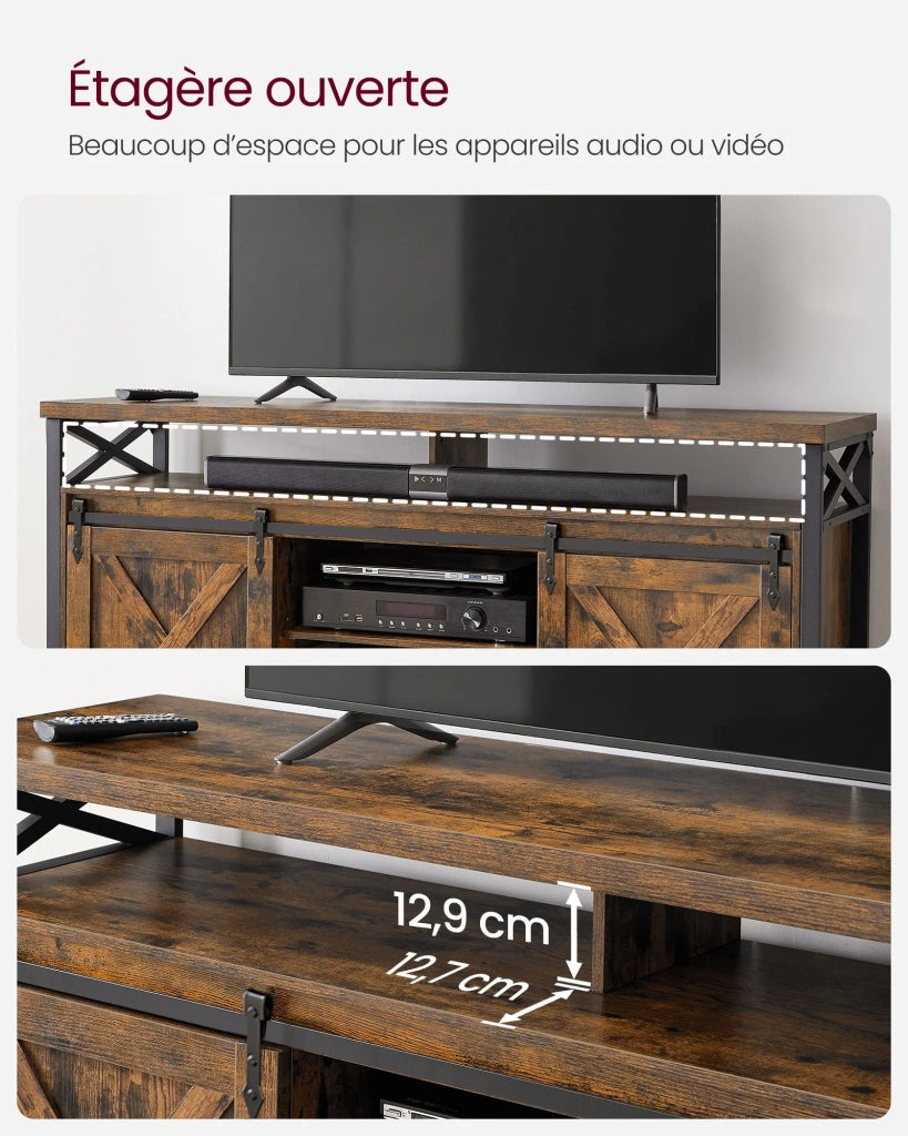 Mobile porta TV per TV fino a 65 pollici con ripiani regolabili 40 x 147 x 76 cm ante in stile fienile rustico struttura in metallo marrone e nero rustico 12_0006574