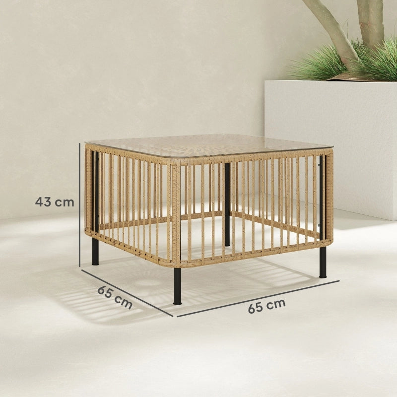 Tavolo da giardino in polietano; 65 x 65 x 43 cm; tavolino laterale impermeabile; tavolino quadrato da patio con piano da caffè in vetro; tavolo da balcone; mobili da giardino per giardino; terrazza; balcone in legno naturale