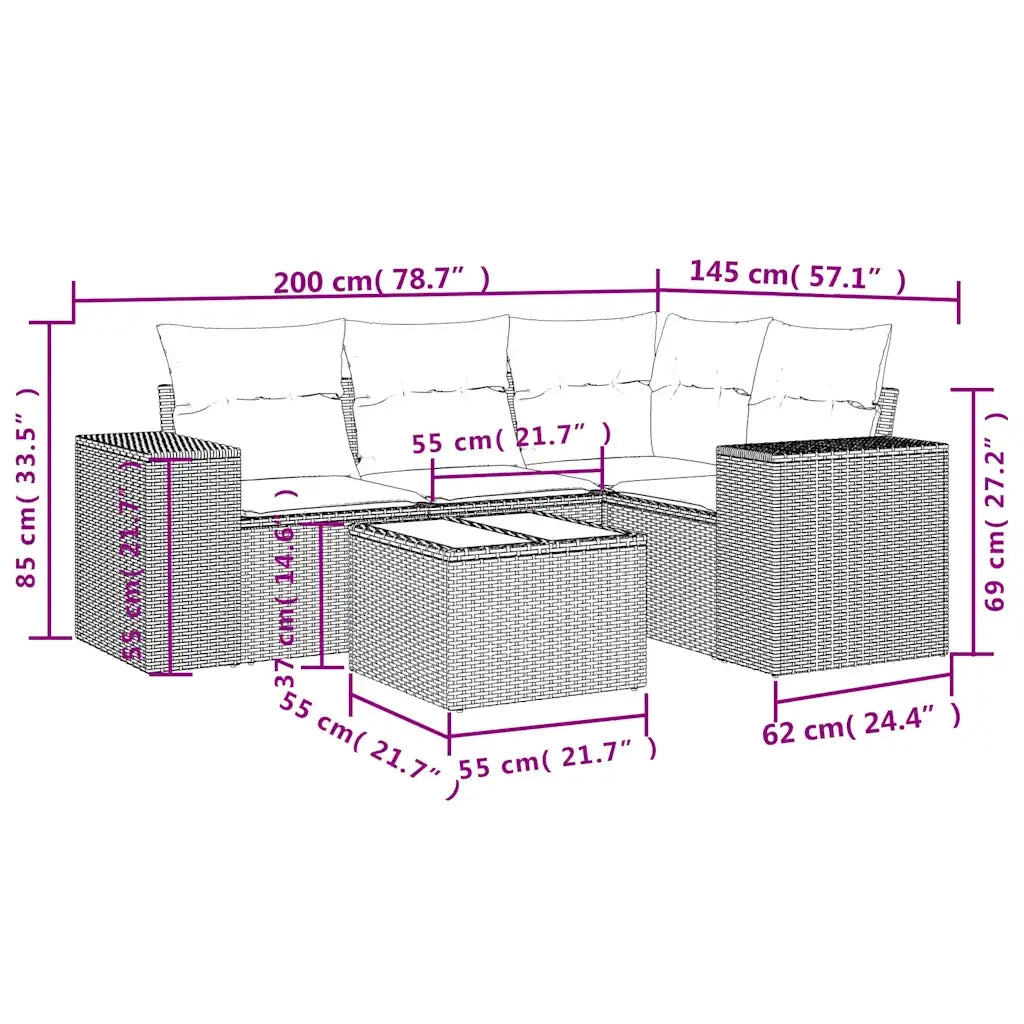 Set Divano da Giardino 5pz con Cuscini Grigio Chiaro Polyrattan 3222521